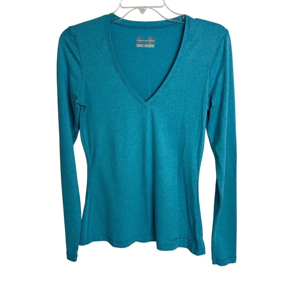 Under ARMOUR Fitted Heatgear Women’s Pullover Athletic Top Sz Small V-Neck Blue